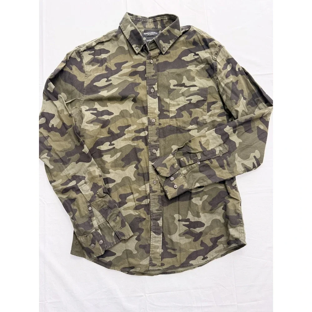 Banana Republic Shirt Mens Medium Green Camo Flannel Slim Long Sleeve Button Up